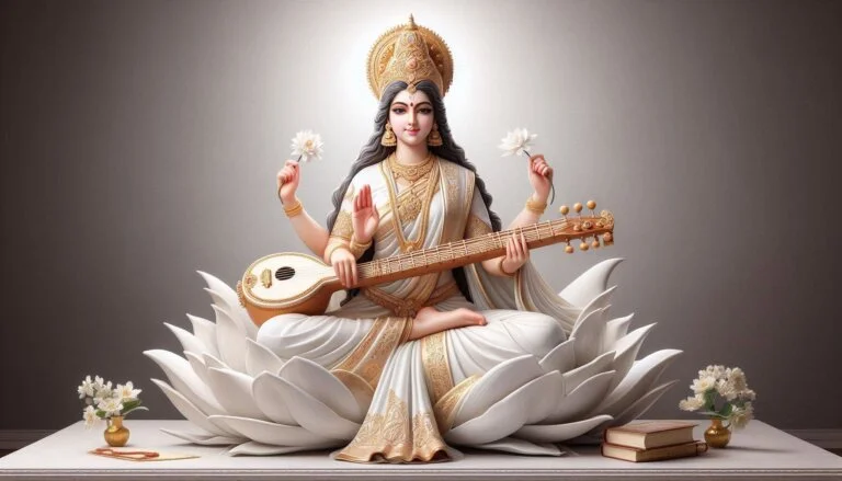 A highly realistic depiction of Goddess Saraswati during Saraswati Puja, seated gracefully on a whit