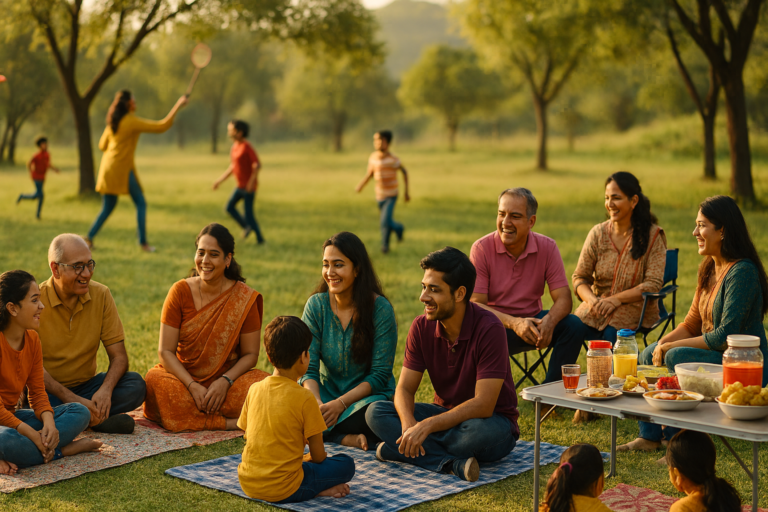 Image Generation Prompt__Prompt__A realistic outdoor picnic scene in India with a group of families